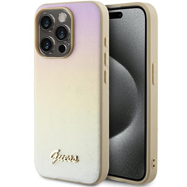 Guess Saffiano Iridescent Script apvalks iPhone 14 Pro - zelts