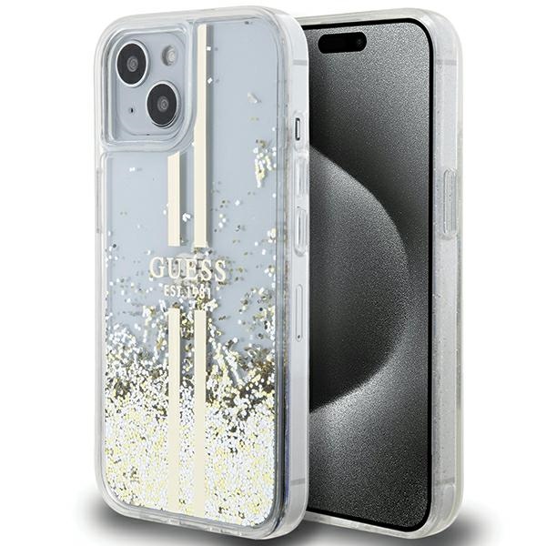 Guess Liquid Glitter Gold Stripes viedtālruņa apvalks iPhone 15 Plus / 14 Plus - caurspīdīgs