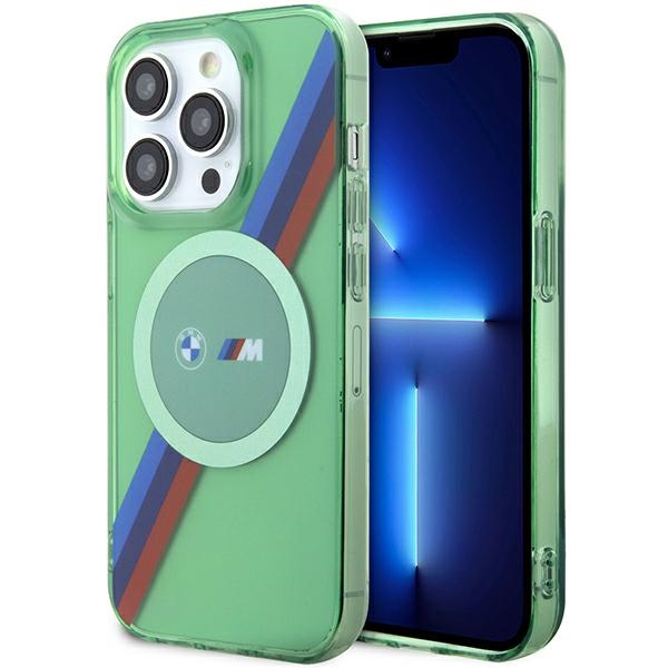 BMW M trīskrāsu svītras magnētiskais viedtālruņa apvalks iPhone 15 Pro - zaļš