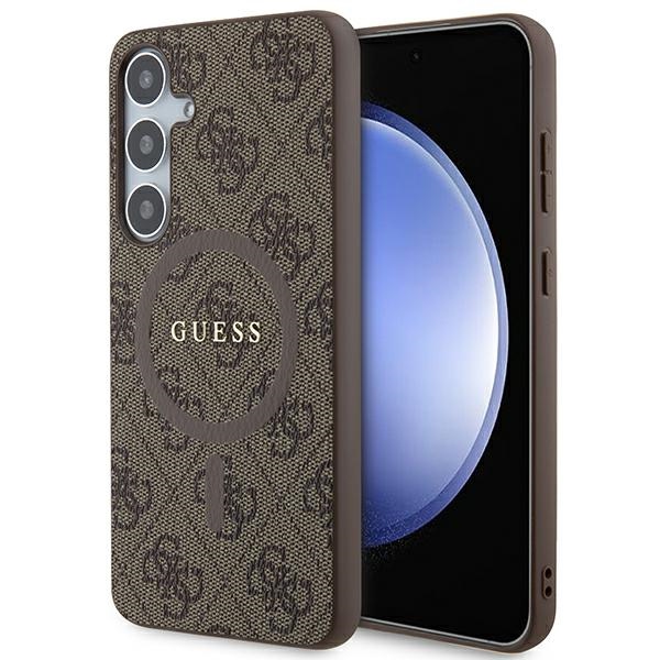 Guess 4G Collection Ādas Metāla Logotips Magnētiskais viedtālruņa apvalks Samsung Galaxy S24+ - brūns