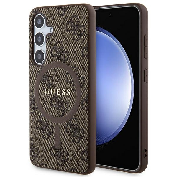 Guess 4G Collection Ādas Metāla Logotips Magnētiskais viedtālruņa apvalks Samsung Galaxy S24 - brūns