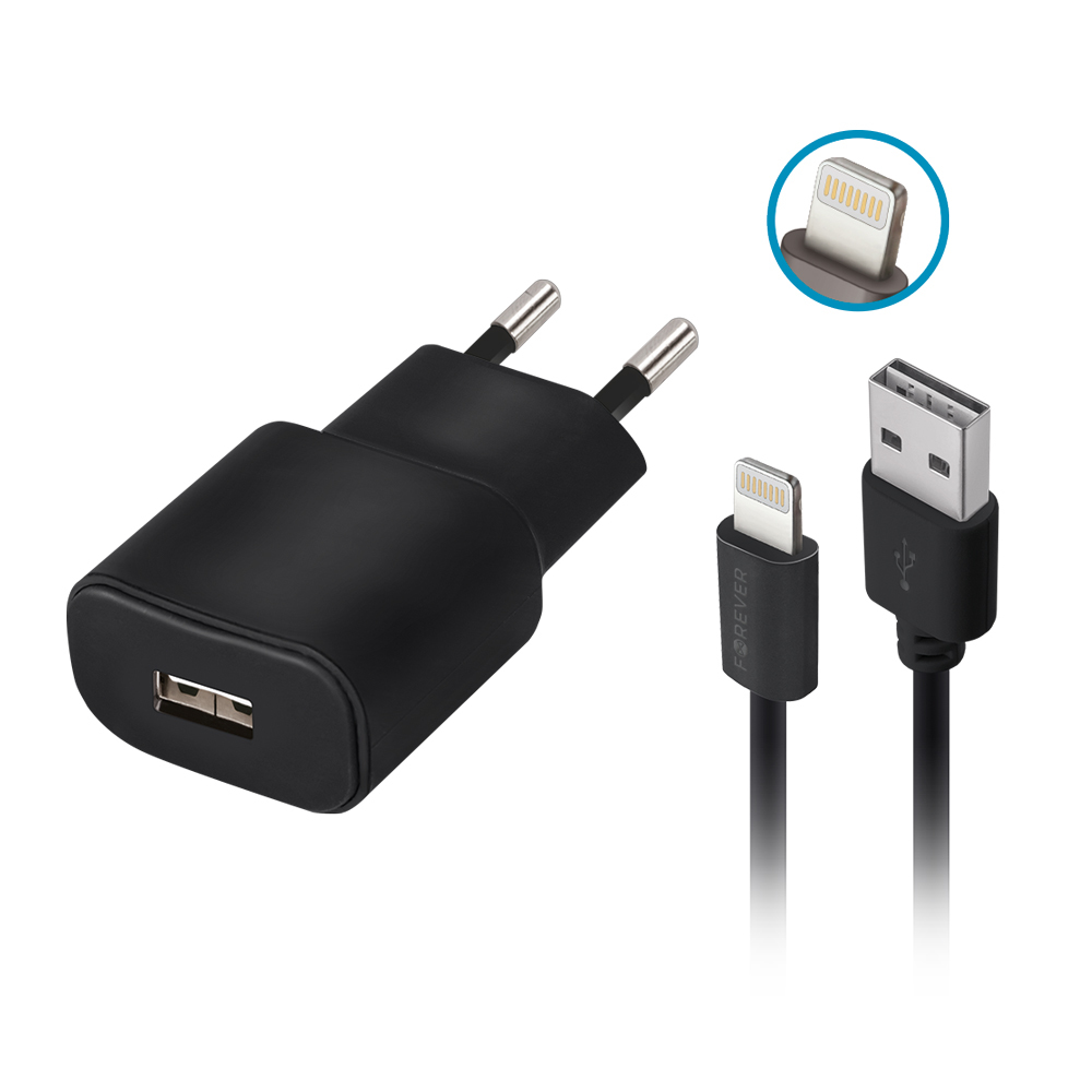 Forever TC-01 lādētājs 1x USB 2A melns + Lightning kabelis