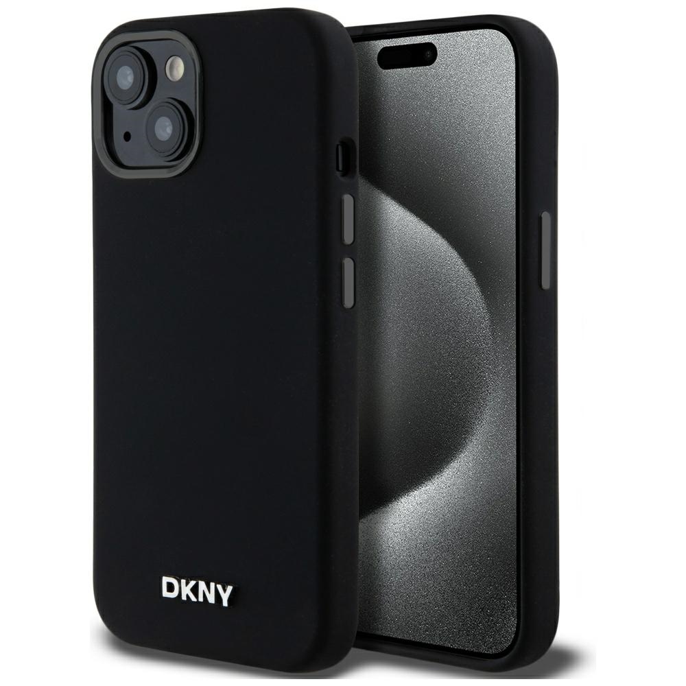 DKNY Šķidrs silikona mazs metāla logotips magnētiskais viedtālruņa apvalks iPhone 14/15/13 - melns