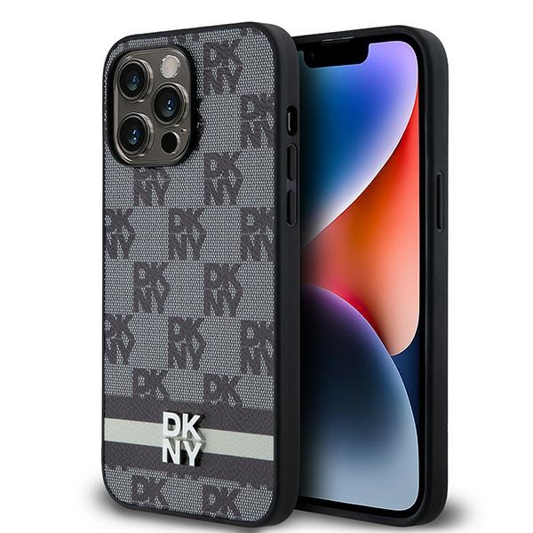 DKNY Ādas rūtainais mono raksts un drukātās svītras viedtālruņa apvalks iPhone 14 Pro Max - melns