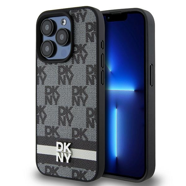DKNY Ādas rūtainais mono raksts un drukātās svītras viedtālruņa apvalks iPhone 15 Pro - melns