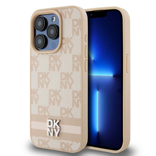 DKNY Ādas rūtainais mono raksts un drukātās svītras viedtālruņa apvalks iPhone 15 Pro - rozā