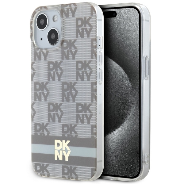 DKNY IML rūtainais mono raksts un drukātās svītras magnētiskais viedtālruņa apvalks iPhone 15 / 14 / 13 - bēšs