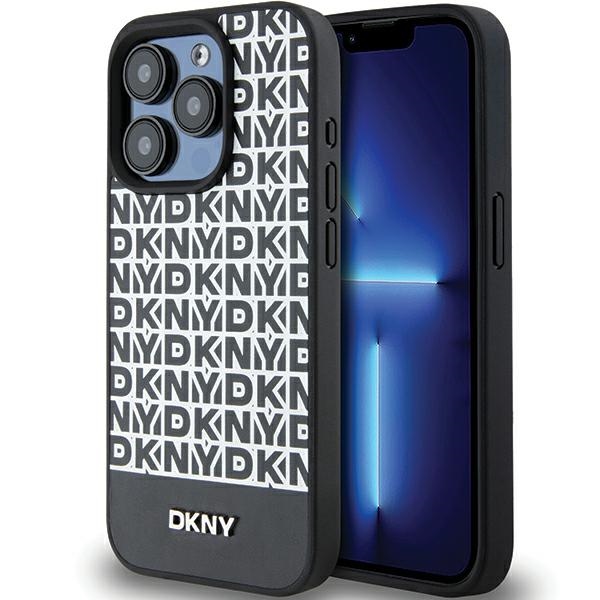 DKNY Ādas drukāts raksts metāla logotips Magnētiskais viedtālruņa apvalks iPhone 15 Pro - melna