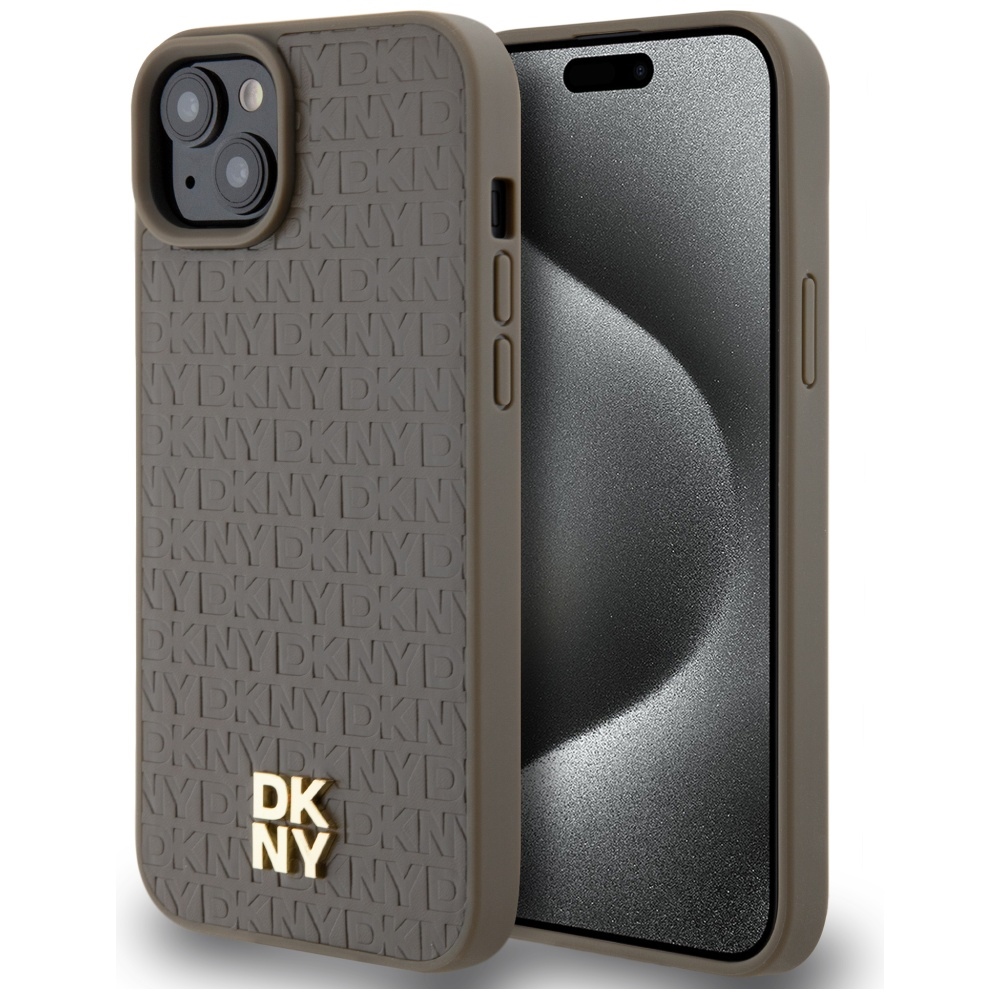 DKNY Ādas raksts metāla logotips Magnētiskais viedtālruņa apvalks iPhone 15 / 14 / 13 - brūna