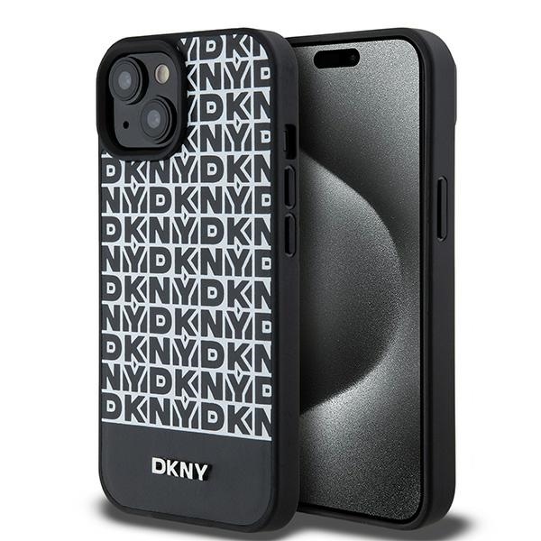 DKNY Ādas drukāts raksts metāla logotips Magnētiskais viedtālruņa apvalks iPhone 15 / 14 / 13 - melna