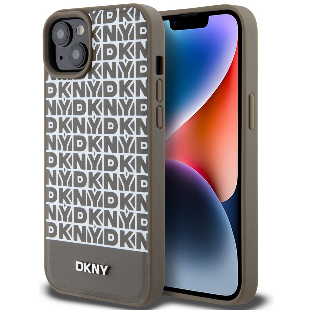 DKNY Ādas drukāts raksts metāla logotips Magnētiskais viedtālruņa apvalks iPhone 15 / 14 / 13 - brūna