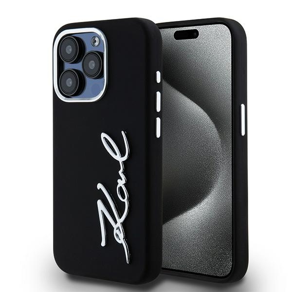 Karl Lagerfeld Silikona Metal Script Logo viedtālruņa apvalks iPhone 15 Pro - melns