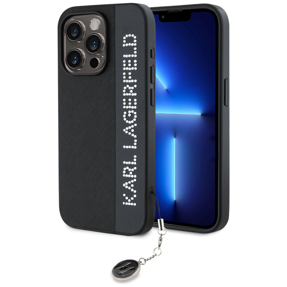 Karl Lagerfeld Saffiano ar rhinestones un šarma viedtālruņa apvalks iPhone 15 Pro Max - melns