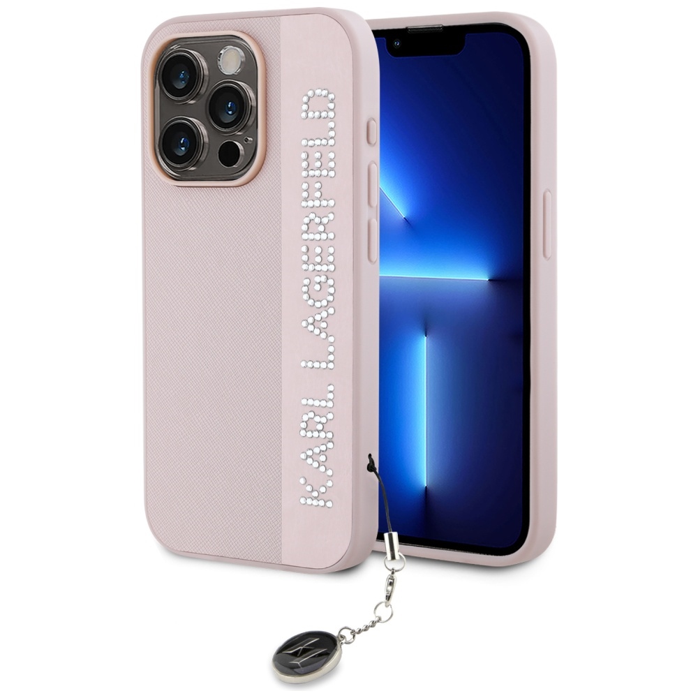 Karl Lagerfeld Saffiano ar rhinestones un šarma viedtālruņa apvalks iPhone 15 Pro Max - rozā
