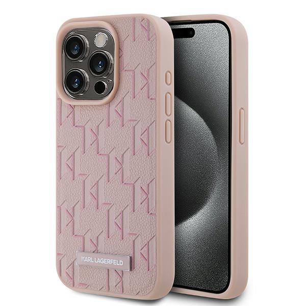 Karl Lagerfeld ādas monogrammas metāla logotips viedtālruņa apvalks iPhone 15 Pro Max - rozā