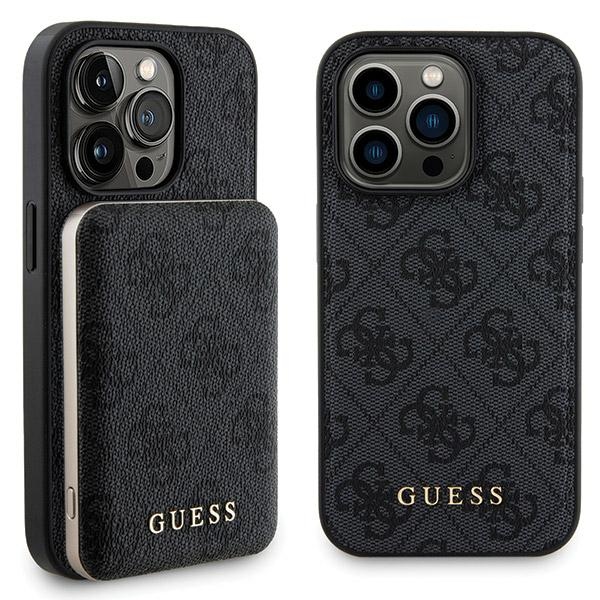 Guess 4G Metal Logo viedtālruņa apvalks komplekts iPhone 14 Pro Max + 5000mAh Magnētiskā portatīvais lādētājs - melna