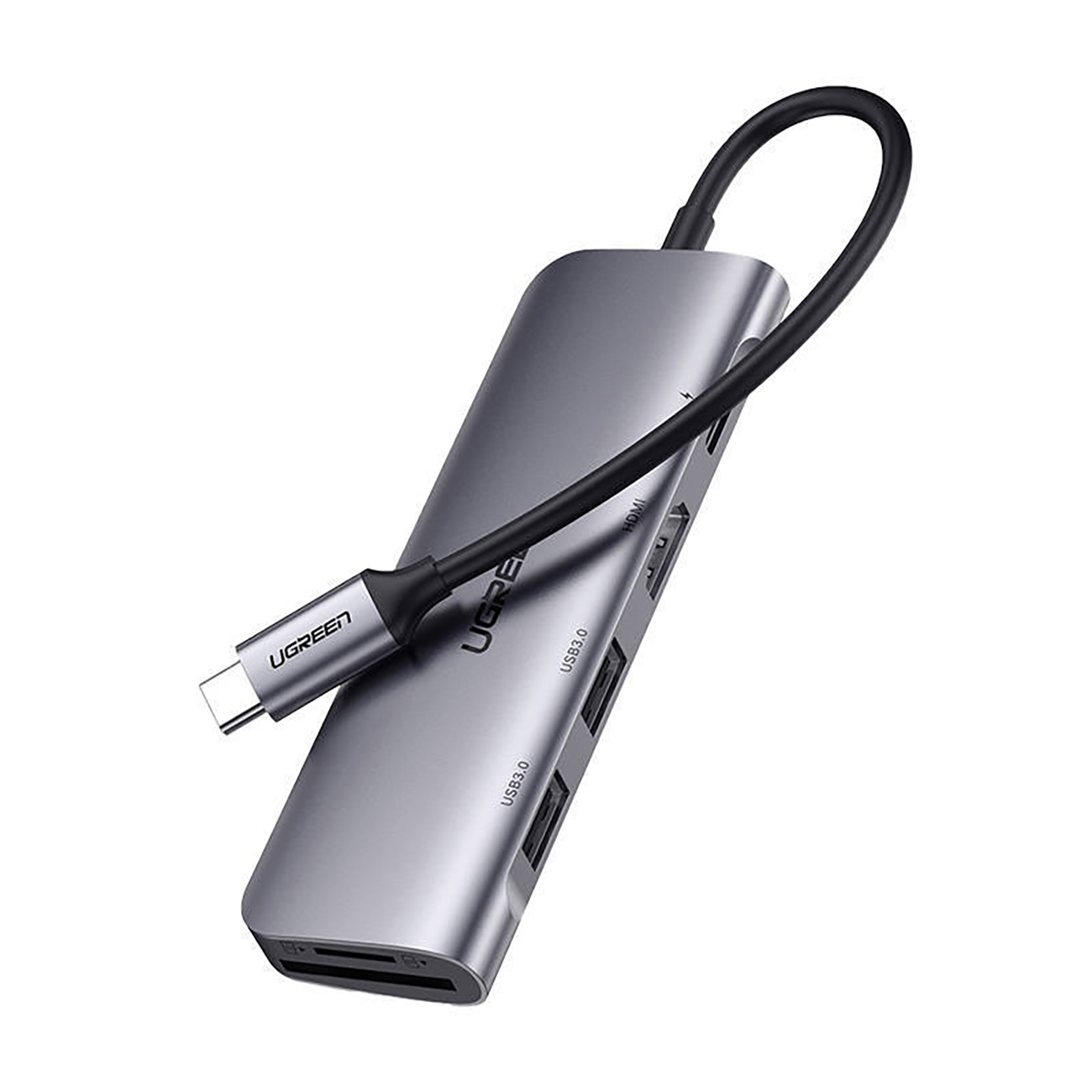 Ugreen CM195 6in1 adapteris USB-C - HDMI / 2x USB-A 3.0 / USB-C PD / SD / TF lasītājs - pelēks