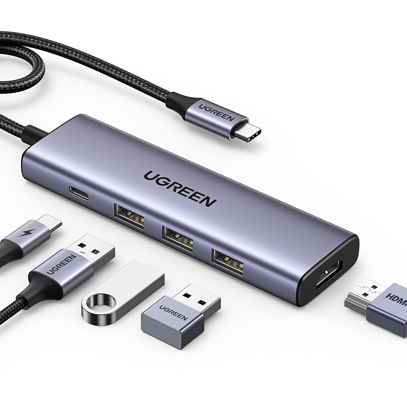 Ugreen CM511 15597 5in1 sadalītājs USB-C - USB-C PD / HDMI / 3x USB-A 3.0 - pelēks