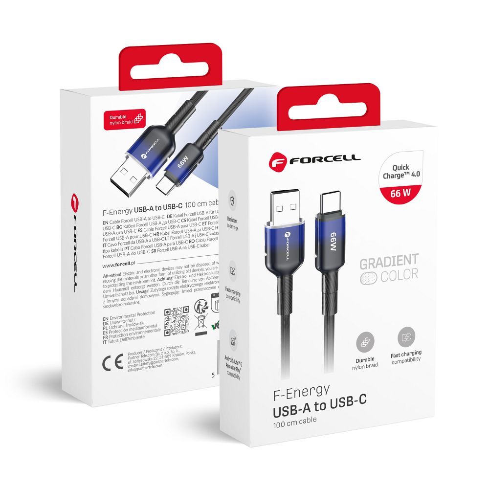 FORCELL F-ENERGY C352 kabelis USB A uz Type C QC4.0 3A 66W Gradients 1 m melns