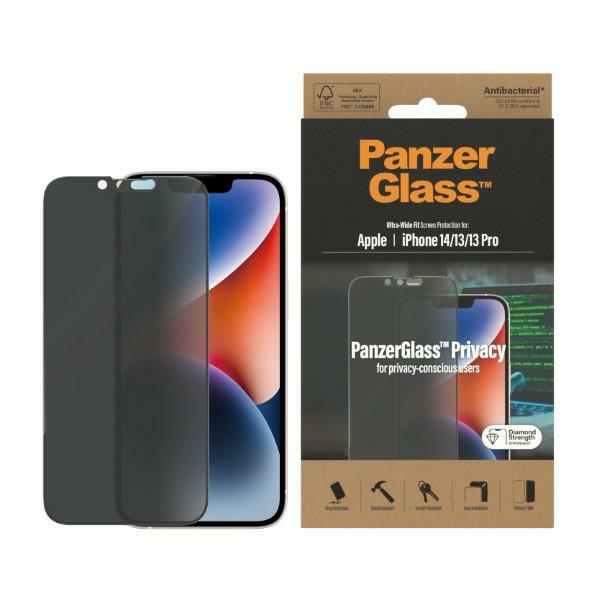 PanzerGlass Ultra-Wide Fit rūdītais stikls antibakteriālais privātuma iPhone 14/13 Pro/13