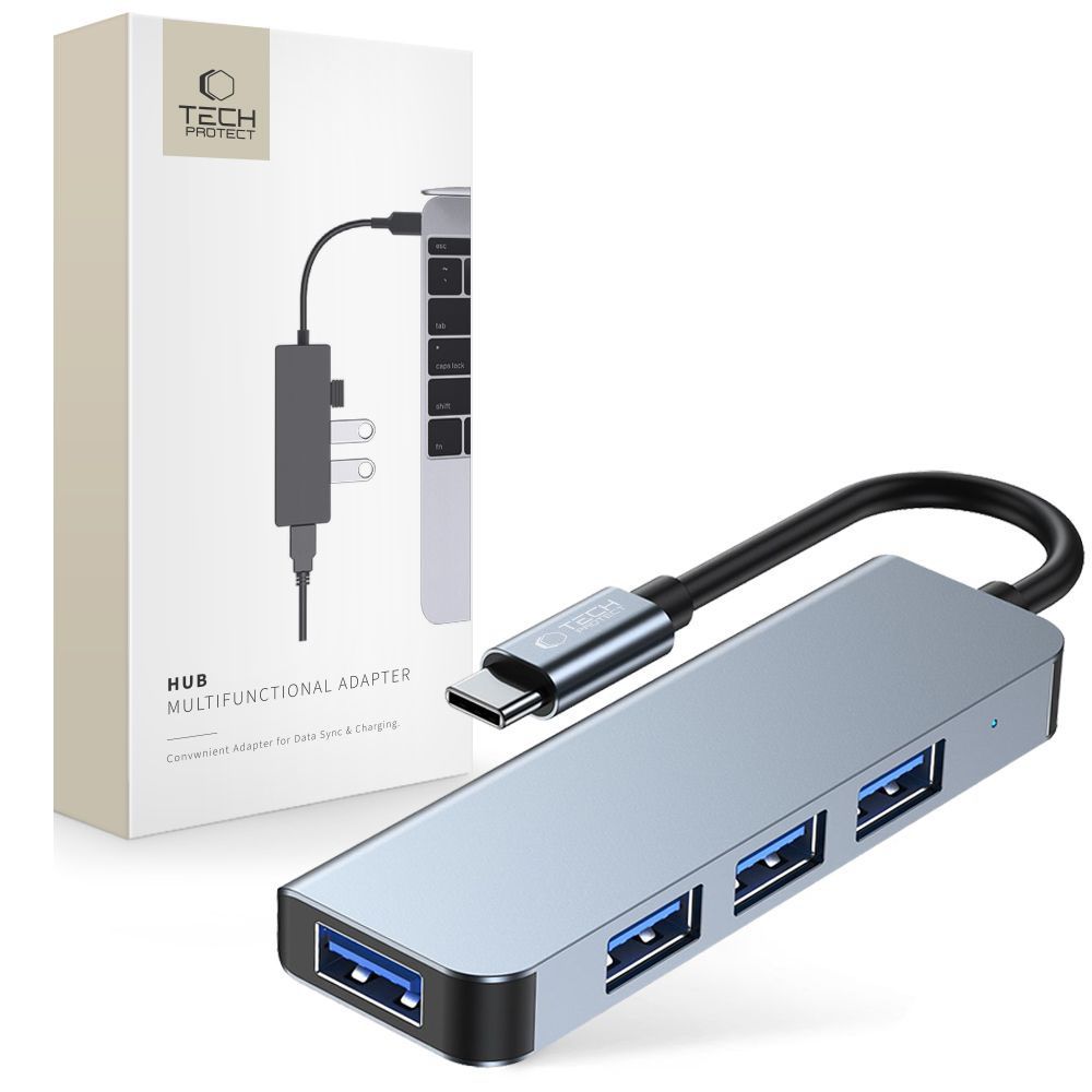 HUB Tech-Protect V1 4in1 USB-C - 3x USB-A 2.0 / USB-A 3.0 - pelēks