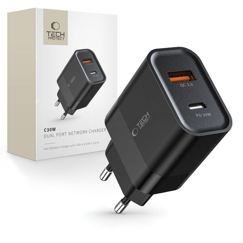 Tech-Protect C30W lādētājs USB-C PD 30W / USB-A QC 3.0 - melns