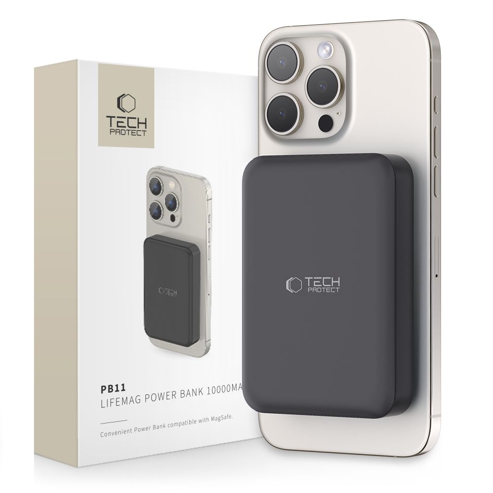 Tech-Protect LifeMag PB11 portatīvais lādētājs ar MagSafe 10000mAh 15W USB-C ports - melna + USB-C kabelis