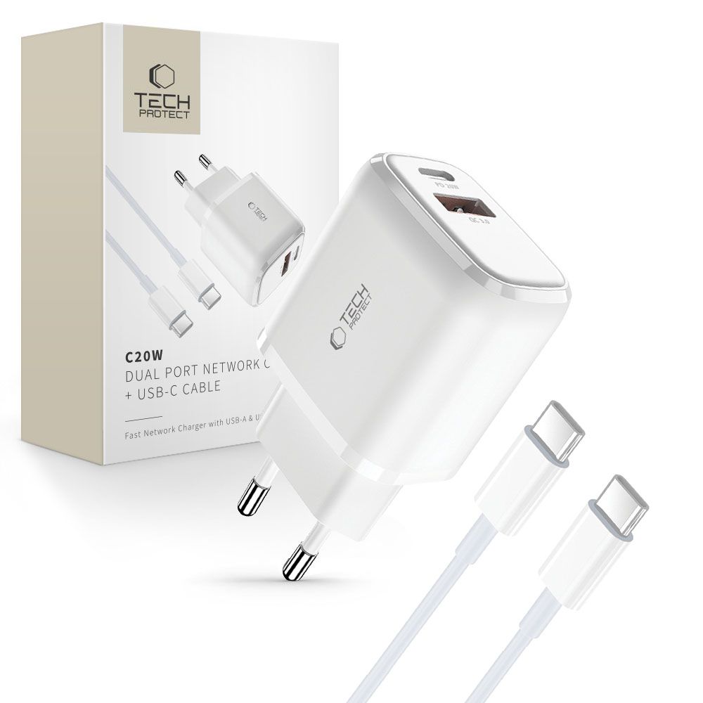 Tech-Protect C20W USB-C PD 20W / USB-A QC 3.0 lādētājs ar USB-C / USB-C kabeli - balts
