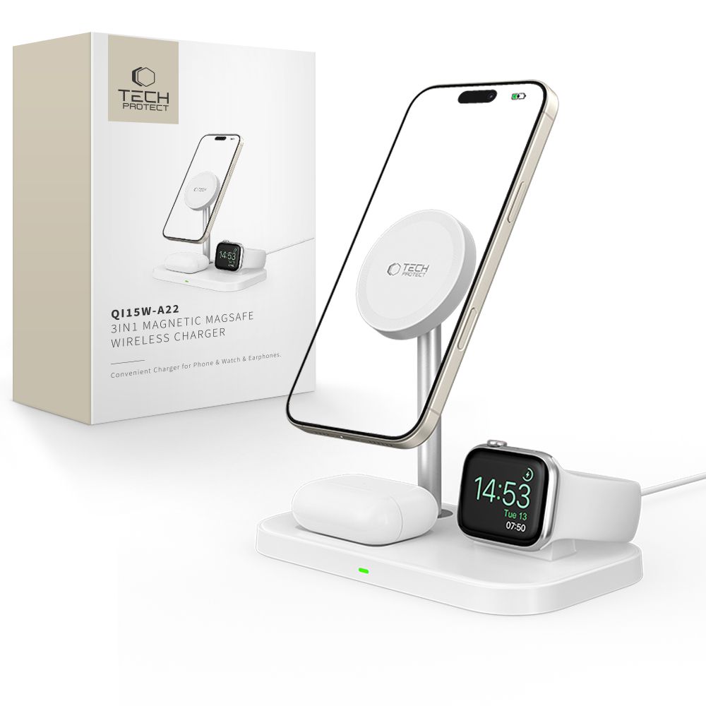 Tech-Protect QI15W-A22 MagSafe indukcijas lādētājs ar 3in1 MagSafe statīvu viedtālrunim / Apple Watch / AirPods - balts