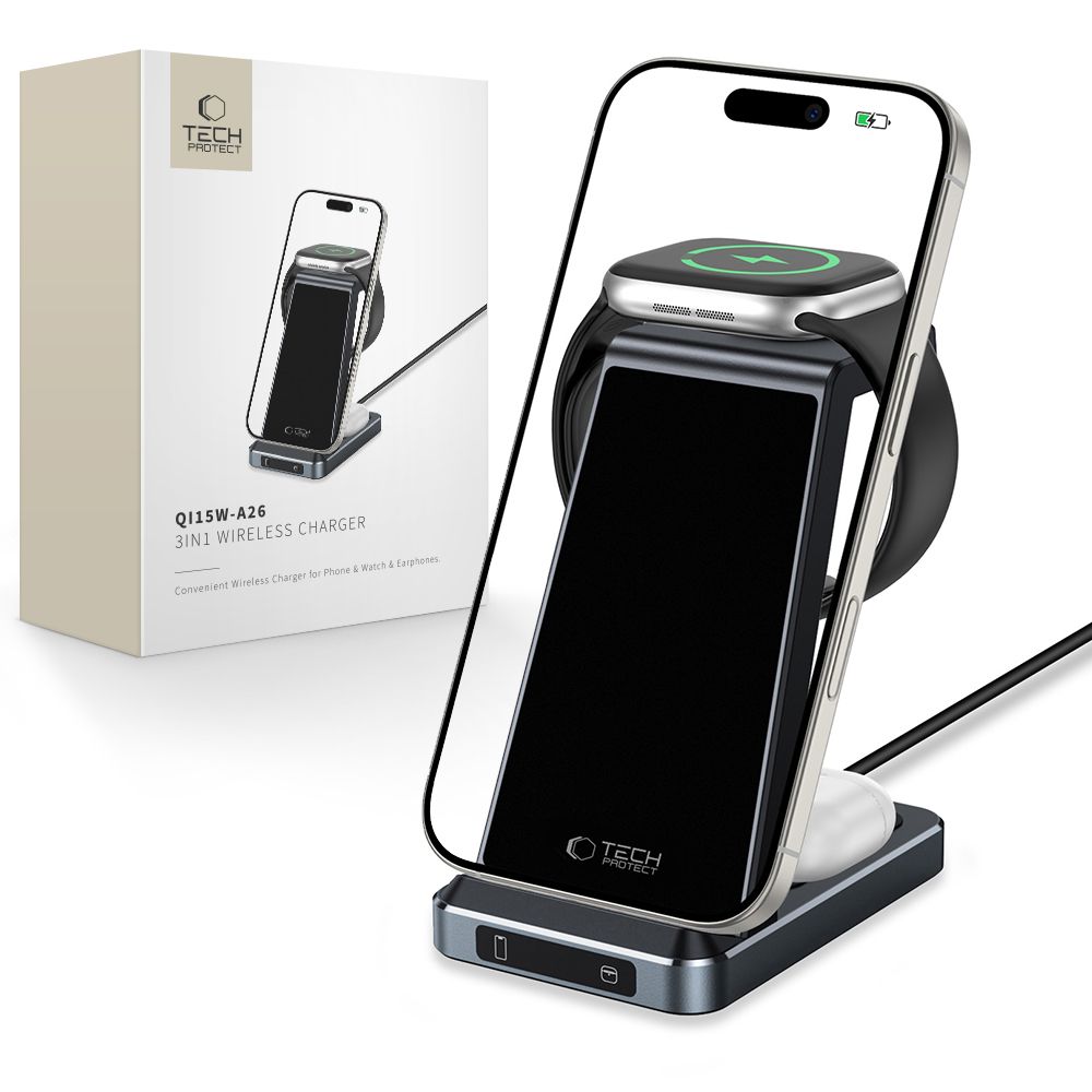 Tech-Protect QI15W-A26 indukcijas lādētājs 15W 3in1 viedtālruņiem / austiņām / Apple Watch - melns