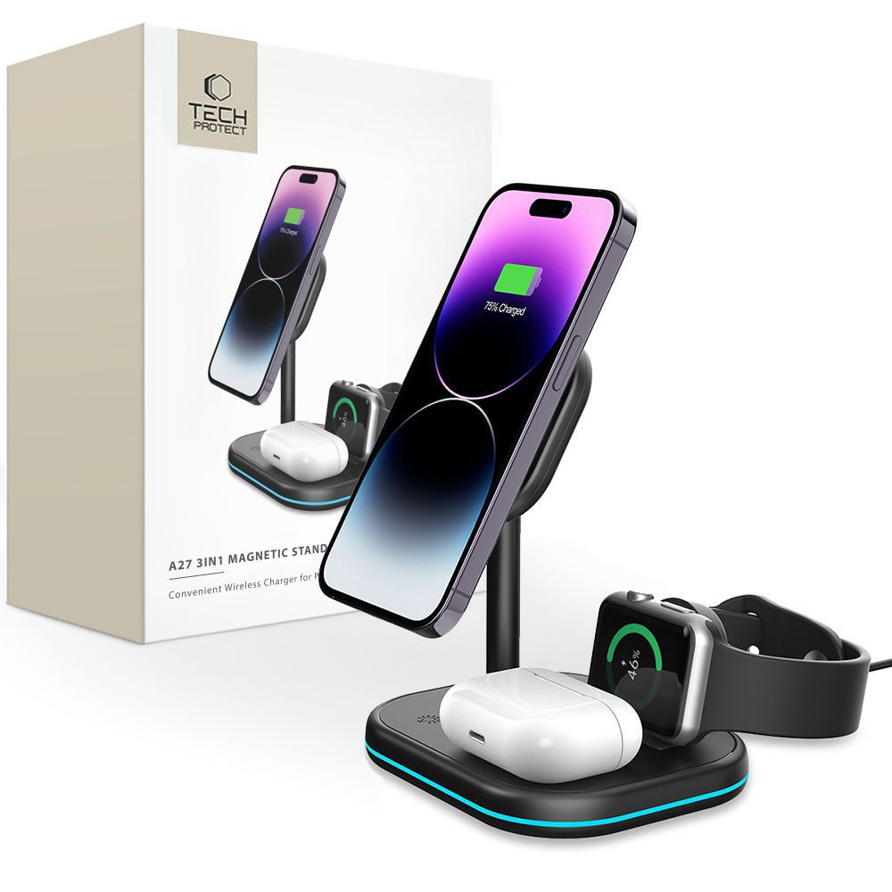 Tech-Protect QI15W-A27 3-in-1 indukcijas lādētājs ar MagSafe statīvu viedtālrunim / Apple Watch / AirPods - melns
