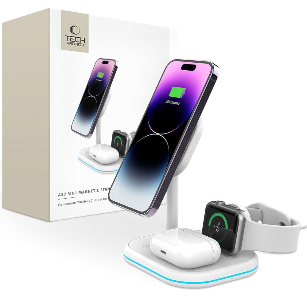 Tech-Protect QI15W-A27 3-in-1 indukcijas lādētājs ar MagSafe statīvu viedtālrunim / Apple Watch / AirPods - balts