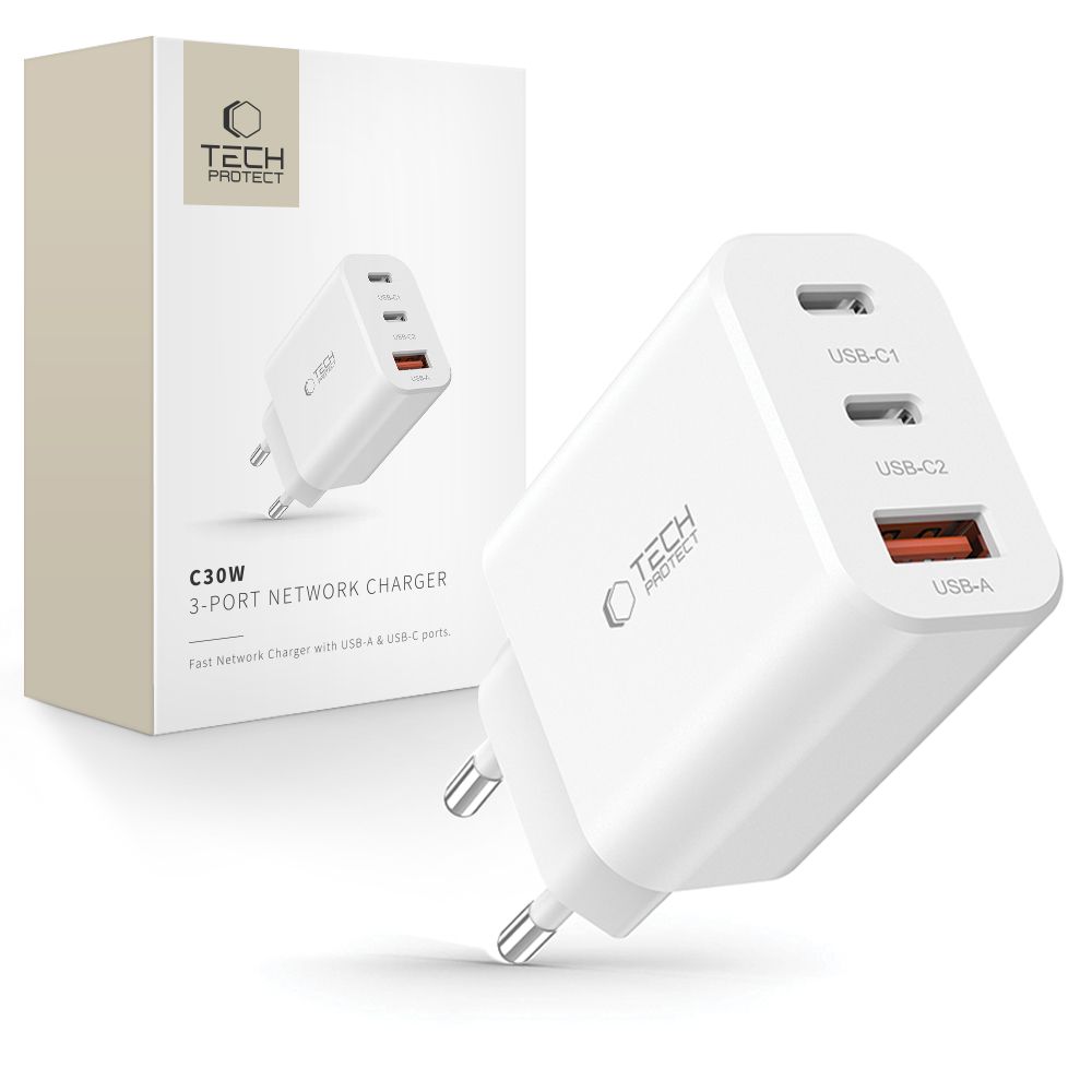 Tech-Protect NC30W зарядное устройство 2x USB-C PD 30W USB-A QC 3.0 - белый