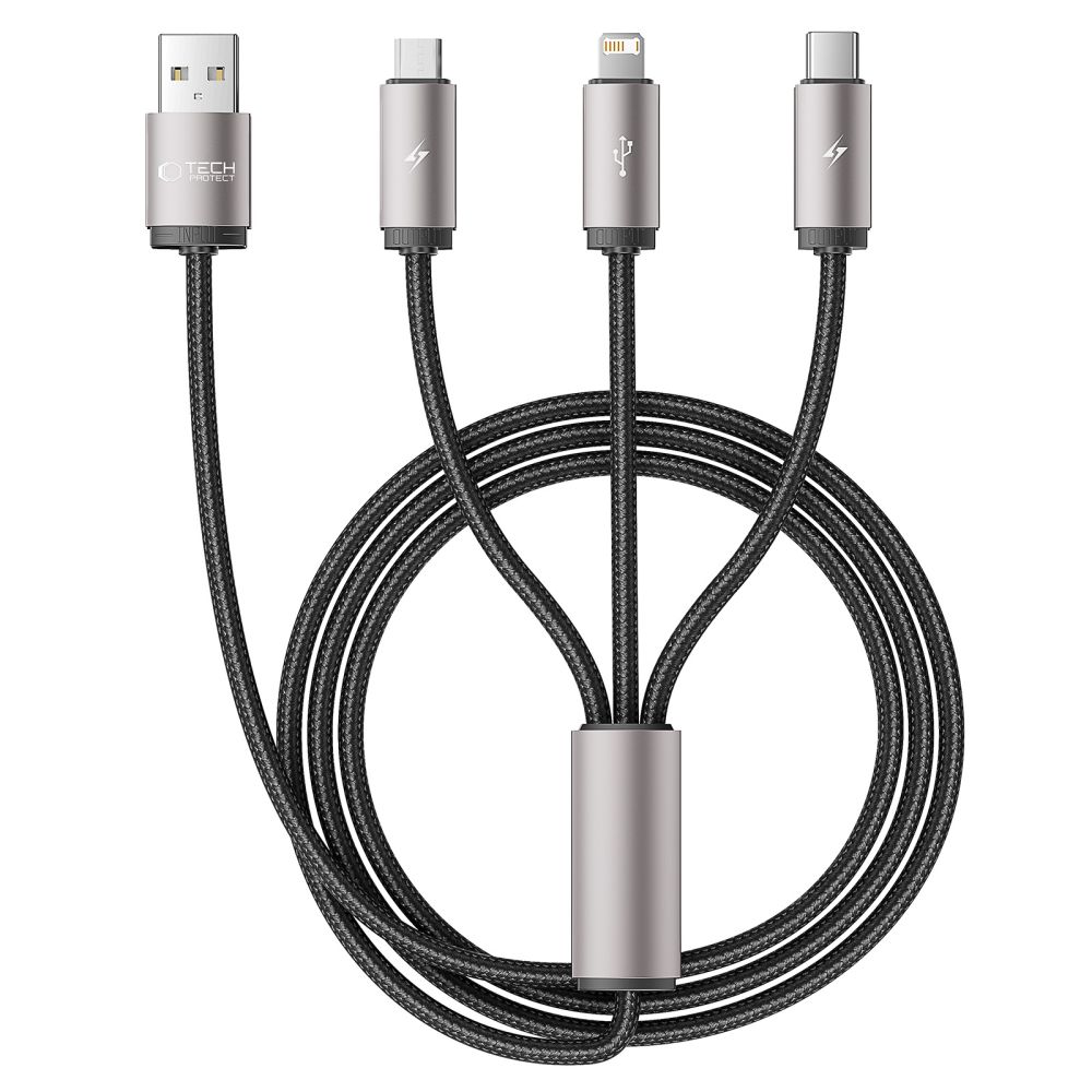 Tech-Protect UltraBoost 3in1 USB-A - Lightning / USB-C / micro USB 3.5A kabelis 1 m - pelēks