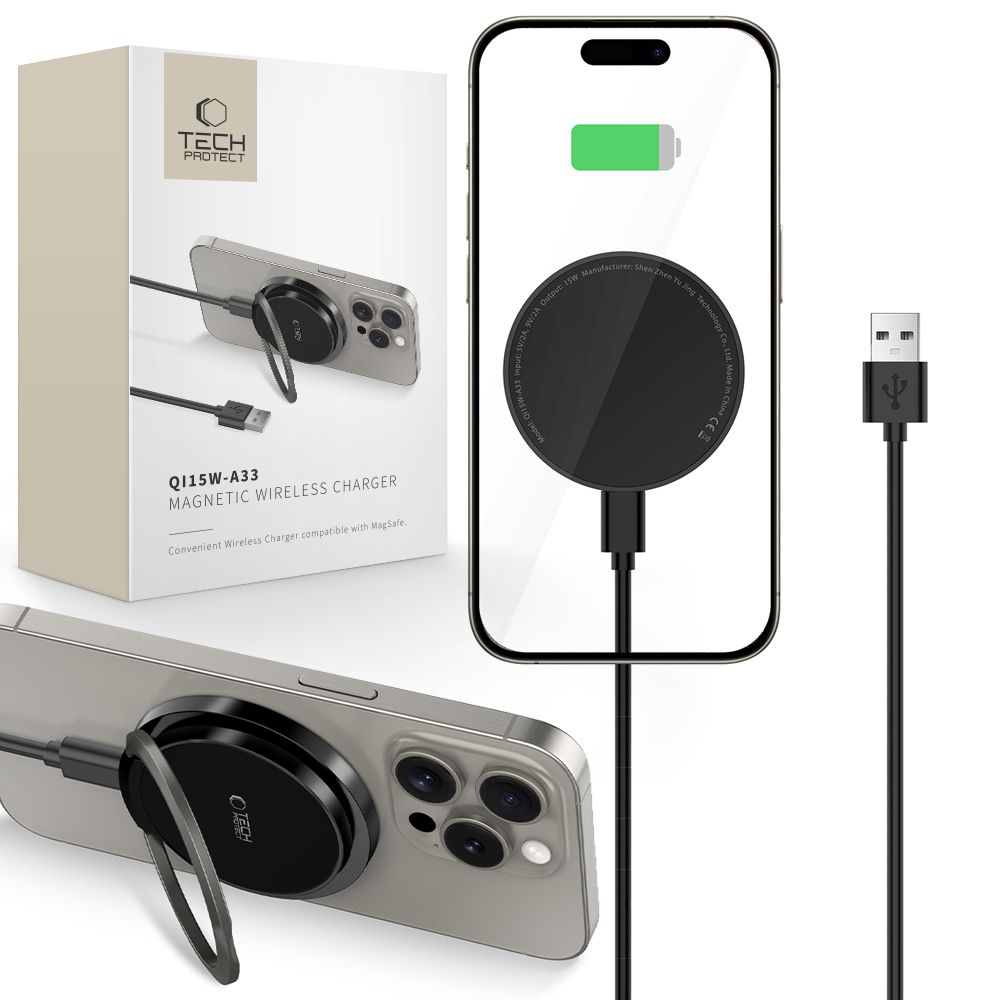 Tech-Protect QI15W-A33 indukcijas lādētājs ar MagSafe un statīvu ar USB-A / USB-C kabeli - melns
