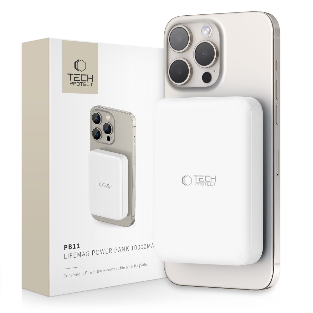 Tech-Protect LifeMag PB11 portatīvais lādētājs ar MagSafe 10000mAh 15W USB-C portu - balta + USB-C kabelis