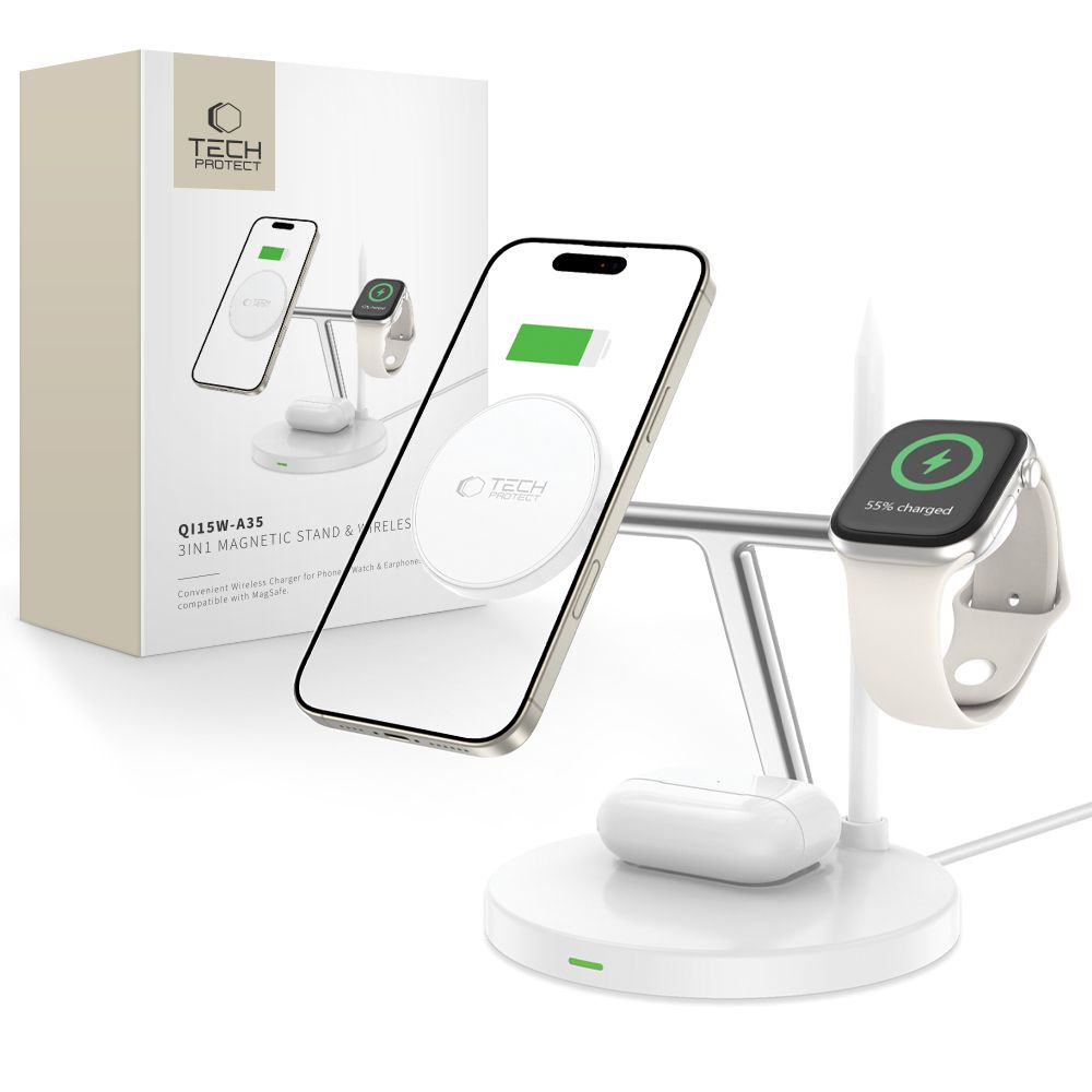 Tech-Protect QI15W-A35 3 vienā indukcijas lādētājs ar MagSafe tālrunim / AirPods / Apple Watch - balts