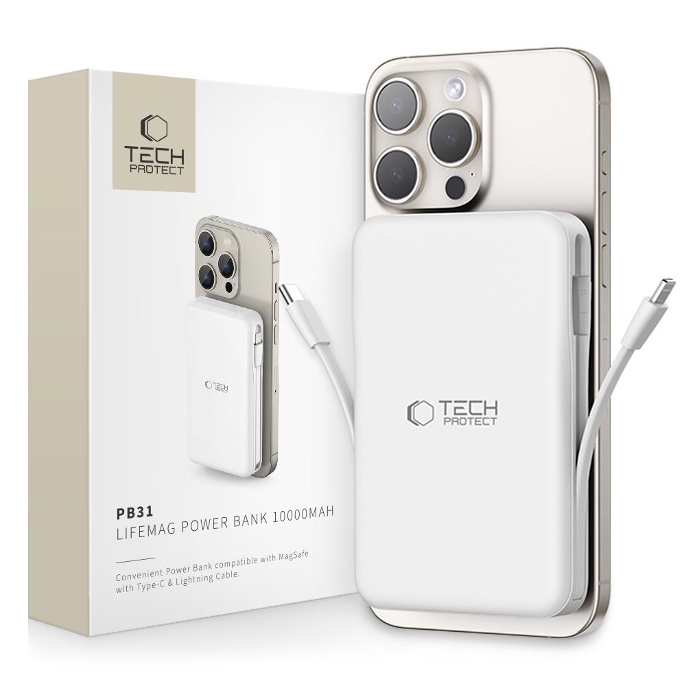 Tech-Protect LifeMag PB31 portatīvais lādētājs ar MagSafe 10000mAh 15W USB-C / USB-A / iebūvētu USB-C / Lightning kabeļiem - balta