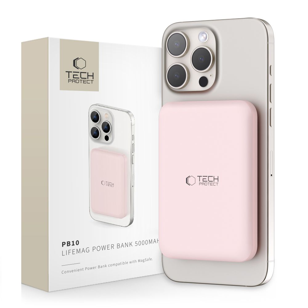 Tech-Protect LifeMag PB10 portatīvais lādētājs ar MagSafe 5000mAh 15W USB-C portu - rozā + USB-C kabelis
