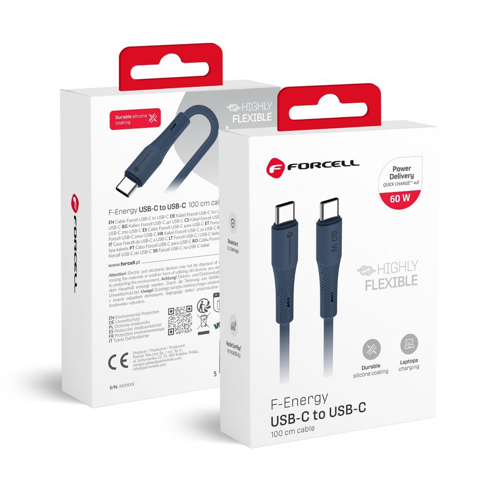 Kabeļa savienojums no USB C uz USB C Forcell F-Energy QC4.0 PD 3A 60W Silikona 1 m C344 tumši zils