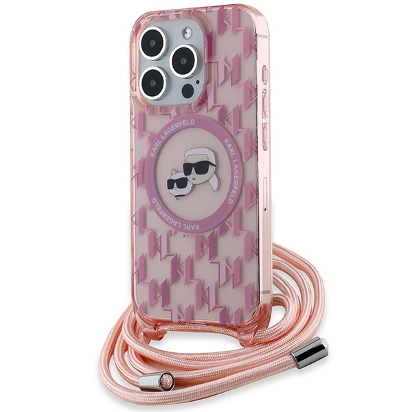 Karl Lagerfeld IML Crossbody Monogram Karl & Choupette Head MagSafe apvalks viedtālrunim iPhone 15 Pro Max - rozā
