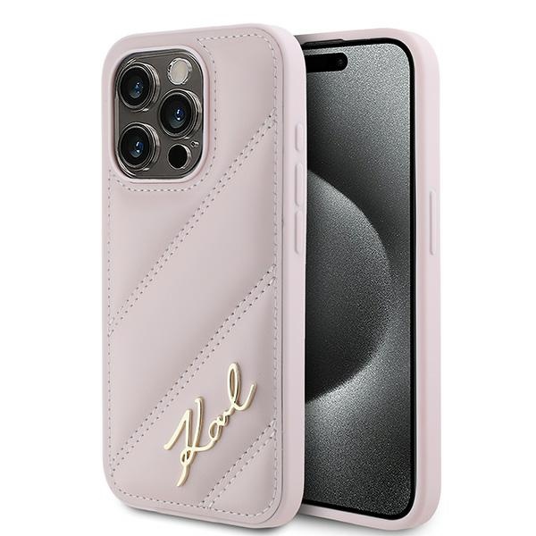 Karl Lagerfeld diagonāli stepēts Script viedtālruņa apvalks iPhone 15 Pro - rozā