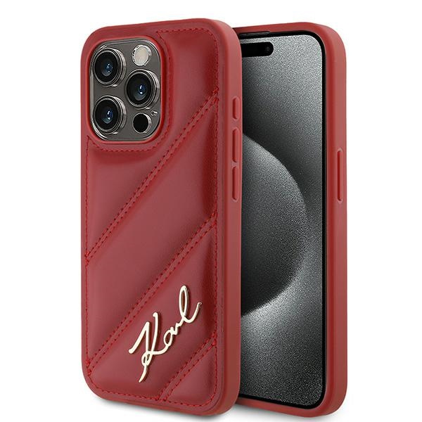 Karl Lagerfeld diagonāli stepēts Script viedtālruņa apvalks iPhone 15 Pro - sarkans