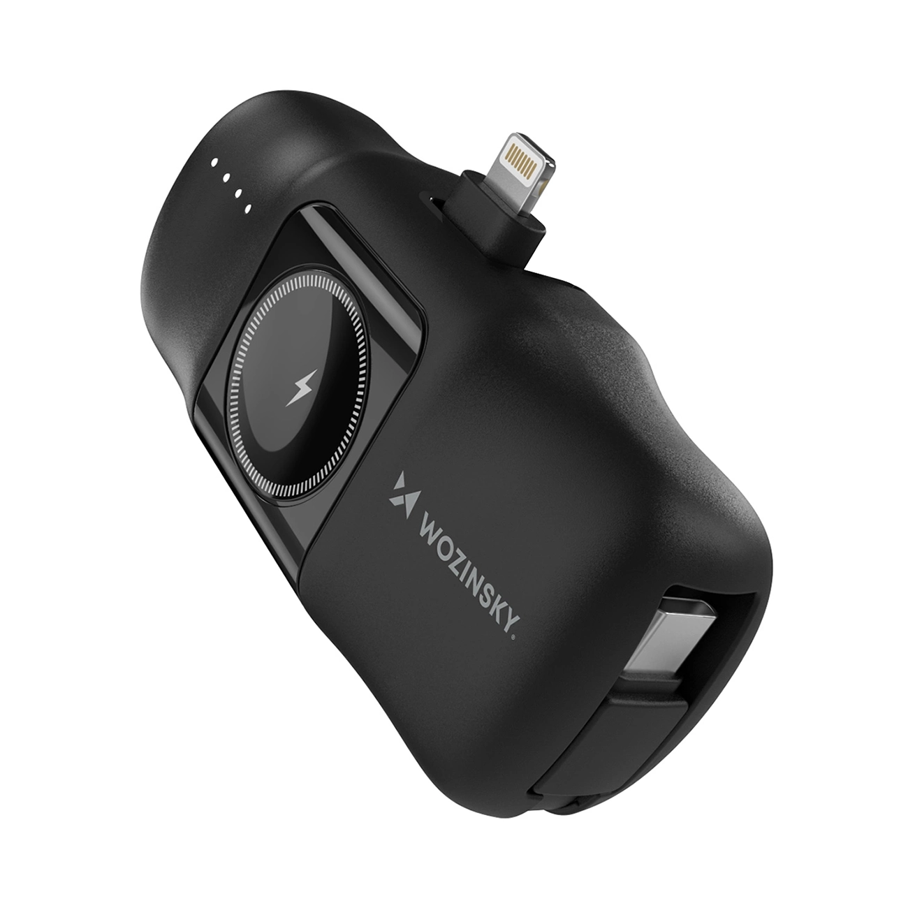 Wozinsky WF16-YLS 5000mAh 15W Lightning mini portatīvais lādētājs ar iebūvētu USB-C kabeli un Apple Watch lādētāju - melna