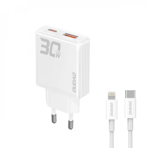 Lādētājs Dudao A30EUL balts 30W (1xPD / 1xQC3.0) + Type-C / Lightning kabelis