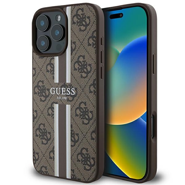Guess 4G drukātās svītras magnētiskais viedtālruņa apvalks iPhone 16 Pro Max - brūns