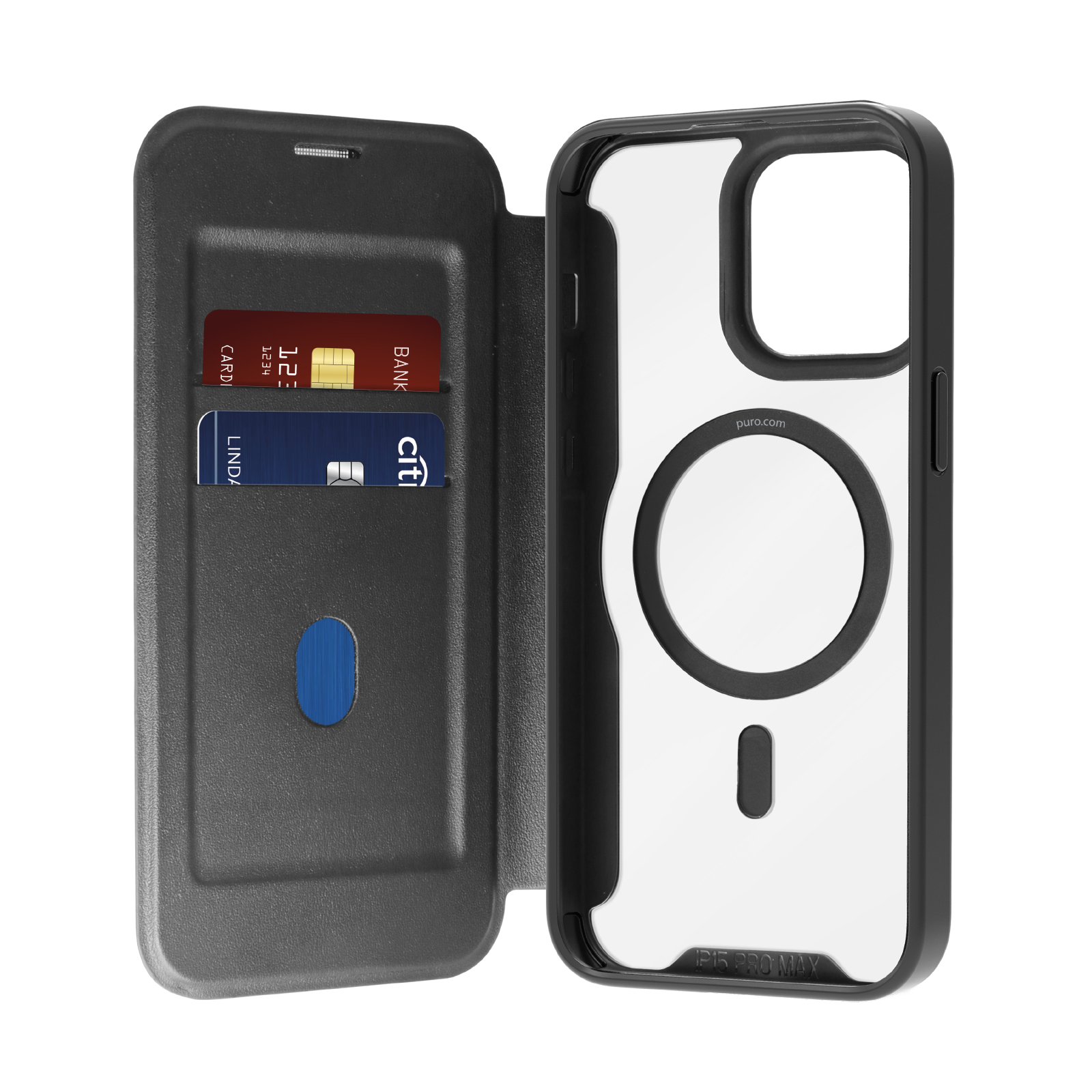 Puro Book Mag MagSafe ādas apvalks ar aizdari un karšu nodalījumu iPhone 16 Pro Max - melns