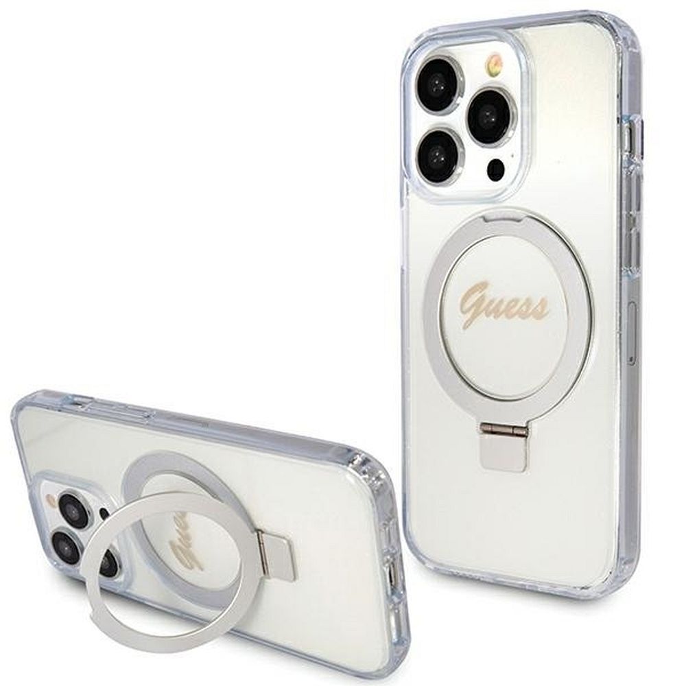 Guess viedtālruņa apvalks ar statīvu Ring Stand Script Glitter magnētiskais iPhone 15 Pro - caurspīdīgs