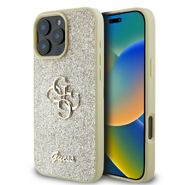 Guess Fiksētais Blizgus Lielais 4G apvalks viedtālrunim iPhone 16 Pro - zelts