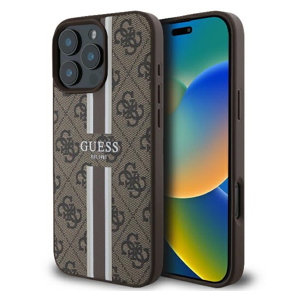 Guess 4G Drukātas Svītras Magnētiskais viedtālruņa apvalks iPhone 16 Pro - brūns